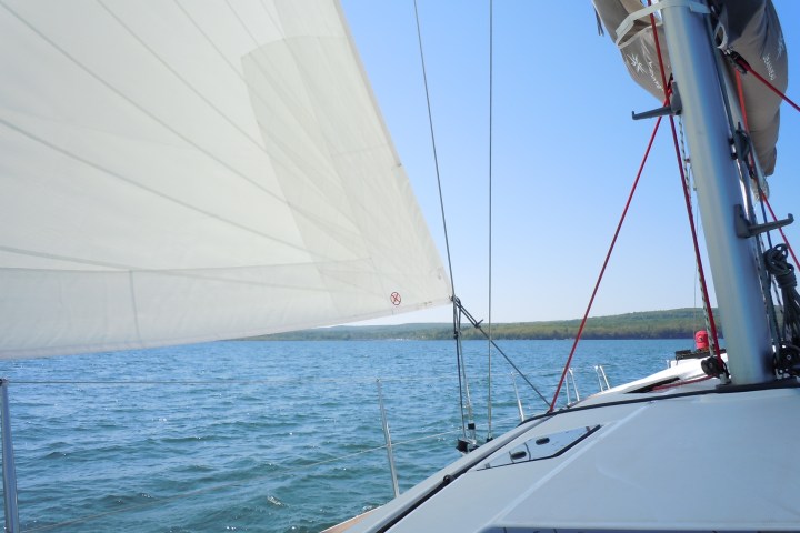 Looking out to bay from sailboat deck