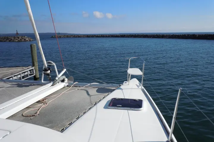 Front of catamaran looking out into bay
