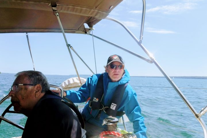 a couple of people on a boat in a body of water