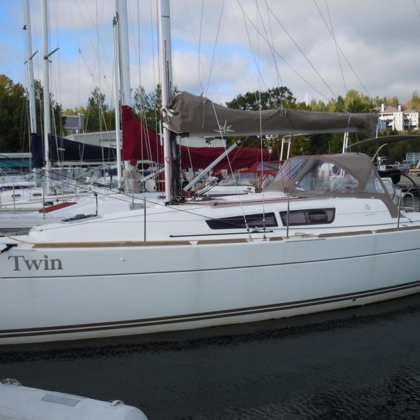 Side view of North Twin sailboat sitting in water