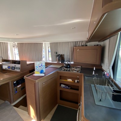 a kitchen with a large window