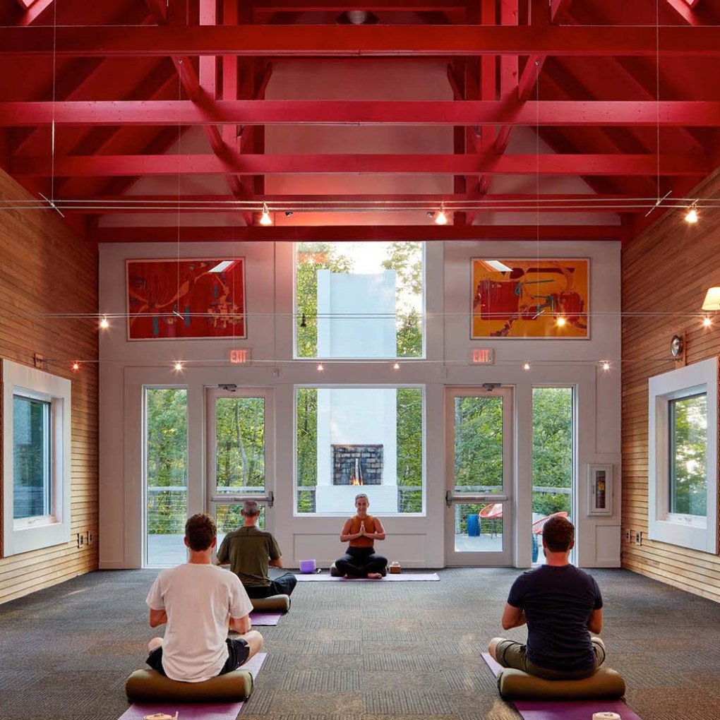 People practicing yoga in a bright room with wooden walls and large windows.
